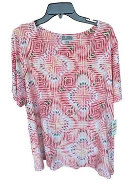 JM Collection Coral Pink Geometric Short Sleeve Scoop Neck Top NWT 2X
